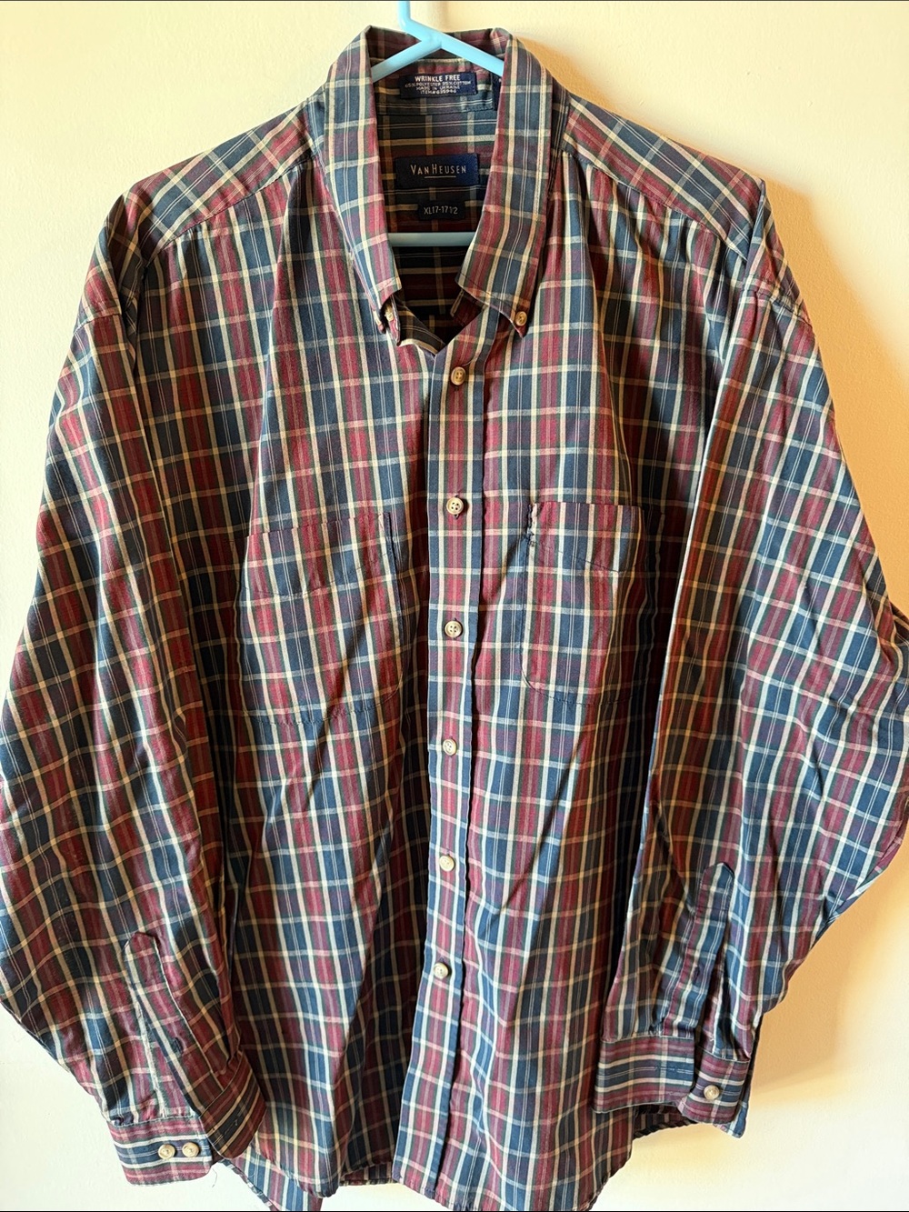 Van Heusen Men's Burgundy and Navy Plaid Button-Down Shirt. Size XL